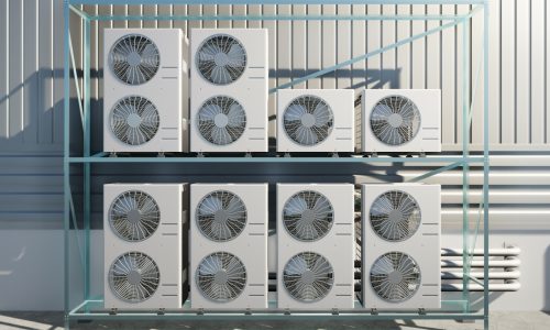 3d rendering of condenser unit or compressor outside factory plant. Unit of ac air conditioner, heating ventilation or hvac air conditioning system. Include fan, coil and pump inside for heat and cool